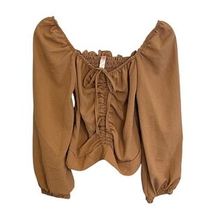 Clarita Brown Smocked Ruched Square Neck Long Sleeve Peasant Blouse Top Milkmaid